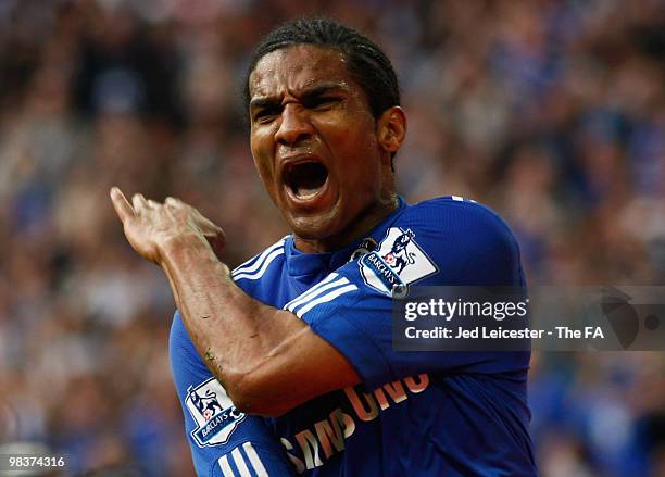 Florent Malouda of Chelsea celebrates scoring their second goal during the FA Cup sponsored by E.ON Semi Final match between Aston Villa and Chelsea...