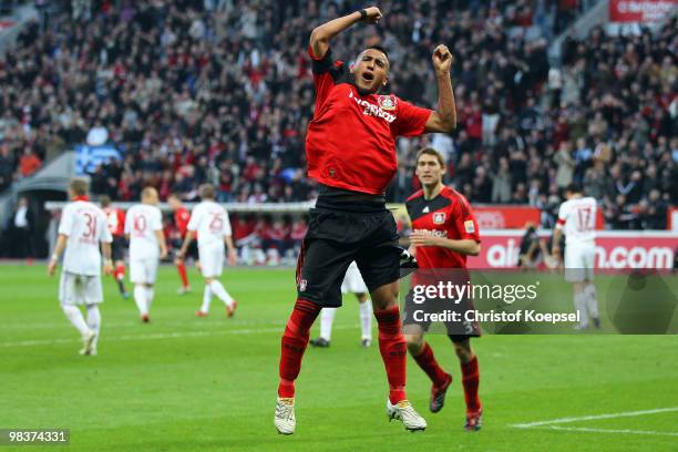 Arturo Vidal of Leverkusen celebrates his team's first goal during the Bundesliga match between Bayer Leverkusen and FC Bayern Muenchen at the...