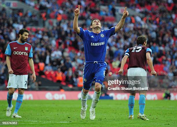 Frank Lampard of Chelsea celebrates scoring the third goal during the FA Cup sponsored by E.ON Semi Final match between Aston Villa and Chelsea at...