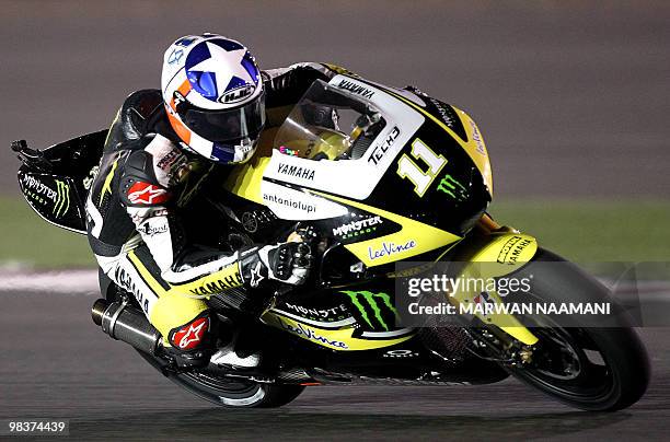 Monster Yamaha Tech 3 Team's Ben Spies of the US races during the 2010 MotoGP free practice at the Losail International Circuit in Doha on April 10,...