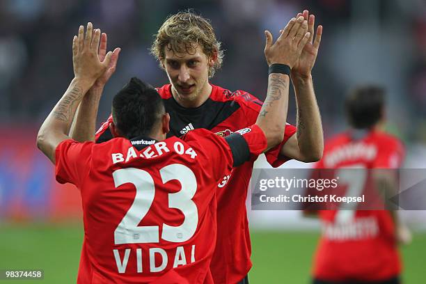 Arturo Vidal of Leverkusen celebrates his team's first goal with Stefan Kiessling during the Bundesliga match between Bayer Leverkusen and FC Bayern...