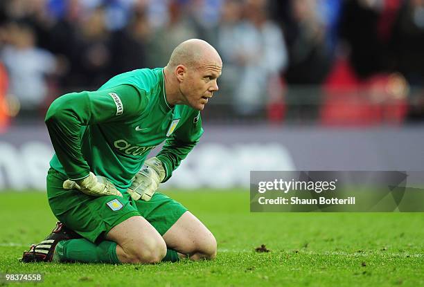Brad Friedel of Aston Villa is dejected after conceding the third goal during the FA Cup sponsored by E.ON Semi Final match between Aston Villa and...
