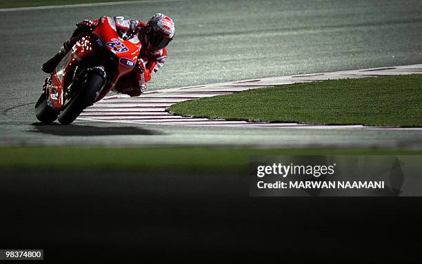 Australia's Casey Stoner of Ducati Marlboro Team races during the 2010 MotoGP free practice at the Losail International Circuit in Doha on April 10,...