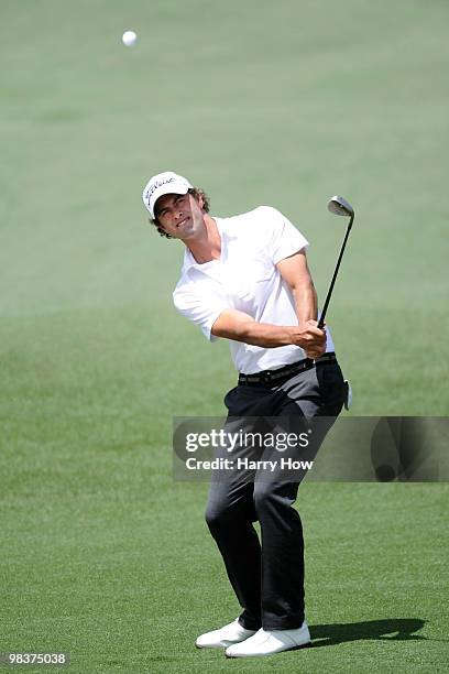 Adam Scott of Australia plays a shot on the second hole during the third round of the 2010 Masters Tournament at Augusta National Golf Club on April...