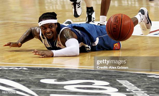 Aubrey Reese of Frankfurt lies on the floor during the semi final between Deutsche Bank Skyliners and Eisbaeren Bremerhaven at the Beko BBL Top Four...