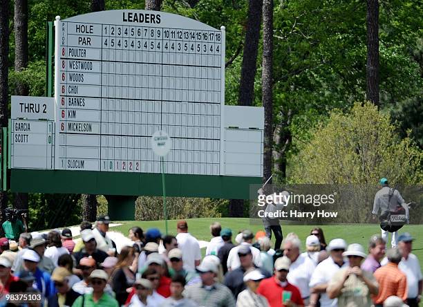 Adam Scott of Australia plays a shot on the third hole during the third round of the 2010 Masters Tournament at Augusta National Golf Club on April...