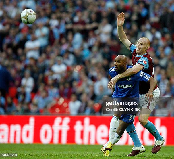 Aston Villa's Welsh defender James Collins vies with Chelsea's French striker Nicolas Anelka during the FA Cup semi-final football match at Wembley...