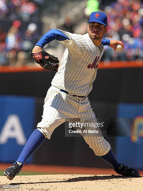 Oliver Perez of the New York Mets pitches against the Washington Nationals during their game on April 10, 2010 at Citi Field in the Flushing...