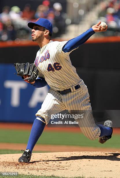 Oliver Perez of the New York Mets pitches against the Washington Nationals during their game on April 10, 2010 at Citi Field in the Flushing...