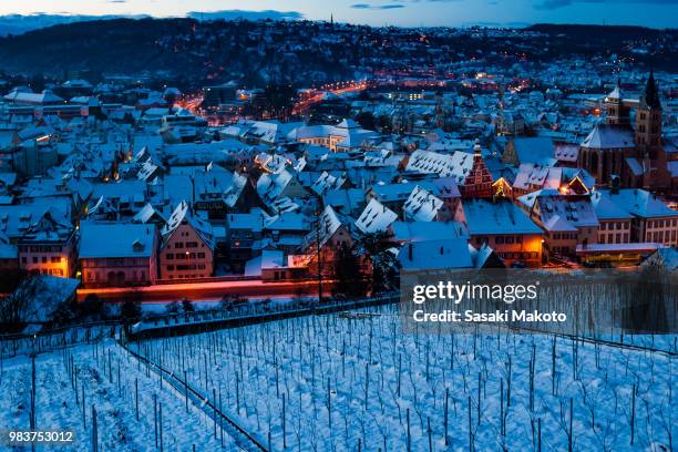 winter townscape looking down from hilltop - christmas town stock pictures, royalty-free photos & images