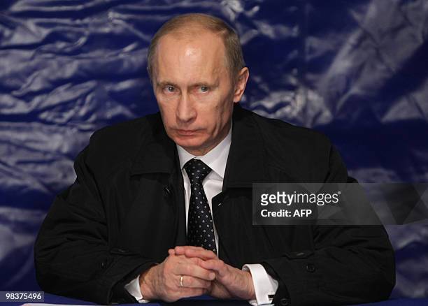 Russian Prime Minister Vladimir Putin attends a meeting devoted to the Polish government Tupolev Tu-154 aircraft that crashed near Smolensk airport...
