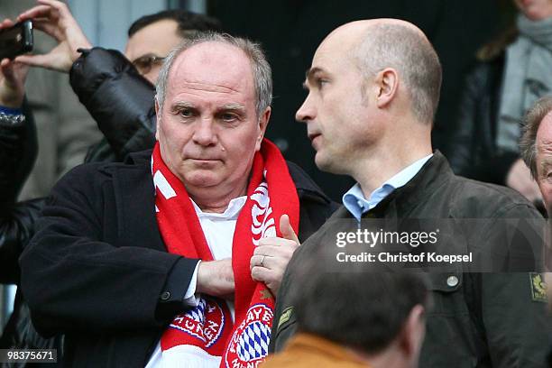 Uli Hoeness of Bayern is seen on the tribune before the Bundesliga match between Bayer Leverkusen and FC Bayern Muenchen at the BayArena on April 10,...