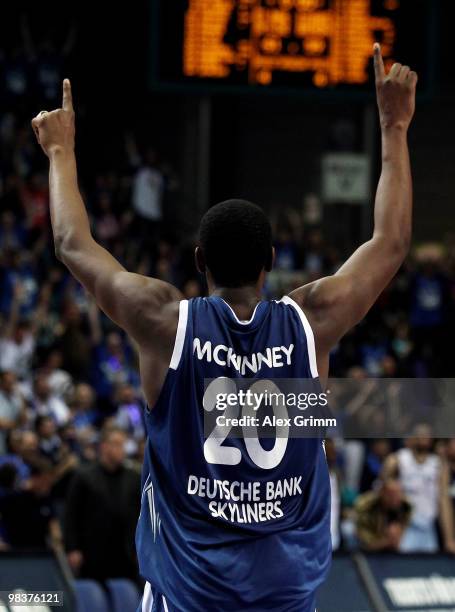 Jimmy McKinney of Frankfurt celebrates after the semi final between Deutsche Bank Skyliners and Eisbaeren Bremerhaven at the Beko BBL Top Four...