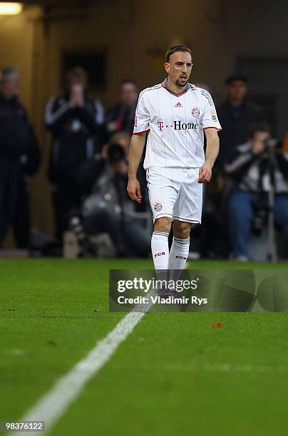 Franck Ribery of Bayern is pictured during the Bundesliga match between Bayer Leverkusen and FC Bayern Muenchen at BayArena on April 10, 2010 in...