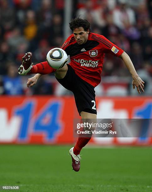 Gonzalo Castro of Leverkusen controls the ball during the Bundesliga match between Bayer Leverkusen and FC Bayern Muenchen at BayArena on April 10,...