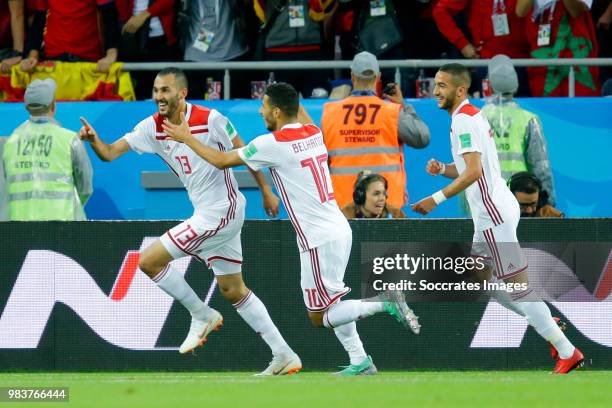 Khalid Boutaib of Morocco celebrates 0-1 with Younes Belhanda of Morocco, Hakim Ziyech of Morocco during the World Cup match between Spain v Morocco...