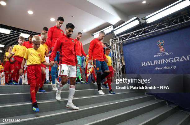 Mbark Boussoufa of Morocco leads his team out prior to the 2018 FIFA World Cup Russia group B match between Spain and Morocco at Kaliningrad Stadium...