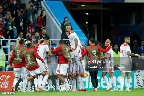 Khalid Boutaib of Morocco celebrates 0-1 with Younes Belhanda of Morocco, Hakim Ziyech of Morocco during the World Cup match between Spain v Morocco...