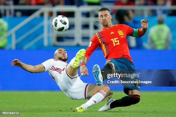 Nordin Amrabat of Morocco, Sergio Ramos of Spain during the World Cup match between Spain v Morocco at the Kaliningrad Stadium on June 25, 2018 in...