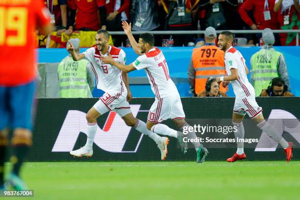 Khalid Boutaib of Morocco celebrates 0-1 with Younes Belhanda of Morocco, Hakim Ziyech of Morocco during the World Cup match between Spain v Morocco...