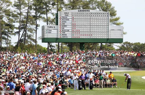 Tiger Woods hits his tee shot on the third hole during the third round of the 2010 Masters Tournament at Augusta National Golf Club on April 10, 2010...