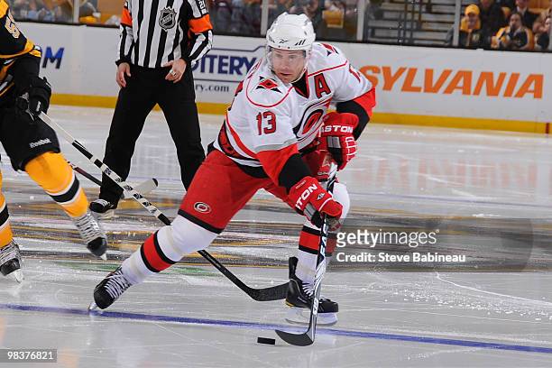 Ray Whitney of the Carolina Hurricanes skates up ice with the puck during the game against the Boston Bruins at the TD Garden on April 10, 2010 in...