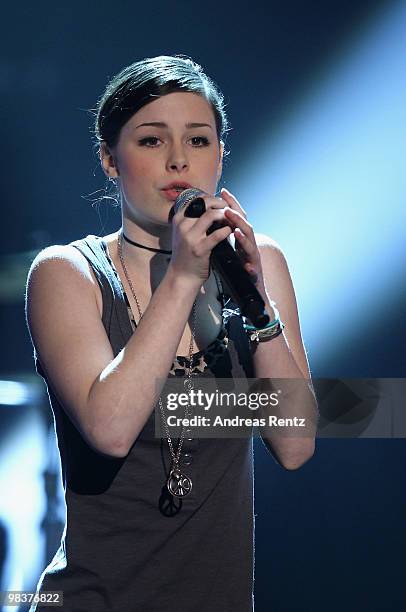 Singer Lena Meyer-Landrut performs during the 'Verstehen Sie Spass?' television show on April 10, 2010 in Halle, Germany.