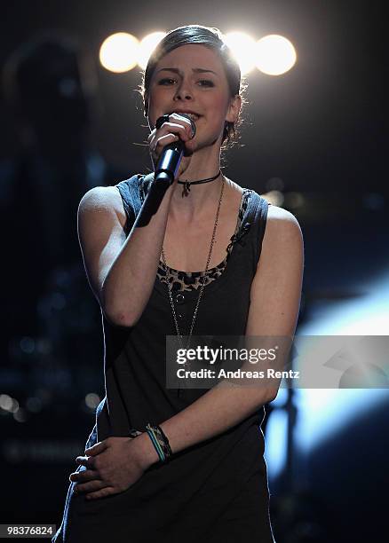 Singer Lena Meyer-Landrut performs during the 'Verstehen Sie Spass?' television show on April 10, 2010 in Halle, Germany.