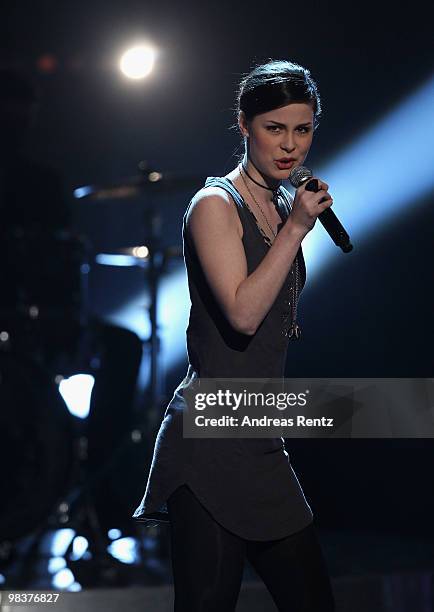 Singer Lena Meyer-Landrut performs during the 'Verstehen Sie Spass?' television show on April 10, 2010 in Halle, Germany.