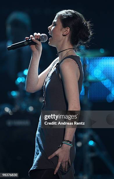 Singer Lena Meyer-Landrut performs during the 'Verstehen Sie Spass?' television show on April 10, 2010 in Halle, Germany.