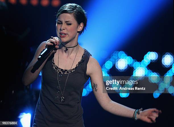 Singer Lena Meyer-Landrut performs during the 'Verstehen Sie Spass?' television show on April 10, 2010 in Halle, Germany.