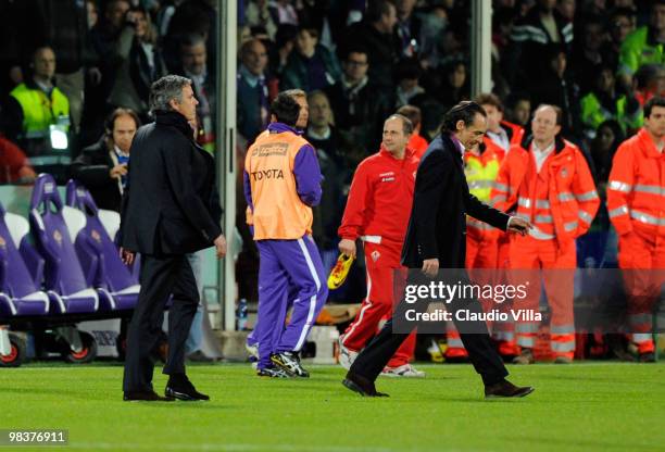 Internazionale Milano Head Coach Jose Mourinho and ACF Fiorentina Head Coach Cesare Prandelli during the Serie A match between ACF Fiorentina and FC...