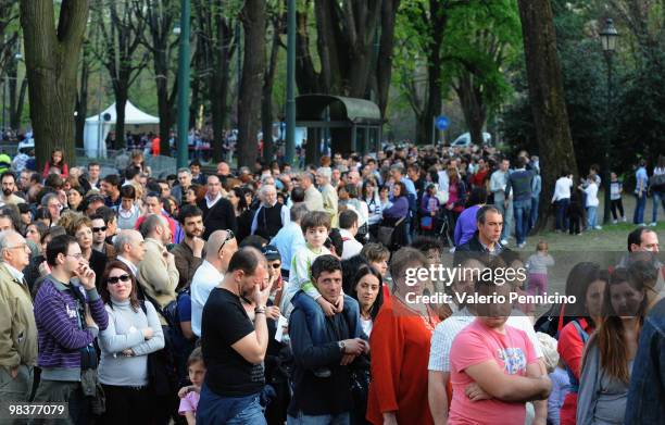 People queue to enter during the Solemn Exposition Of The Holy Shroud on April 10, 2010 in Turin, Italy. The Holy Shroud will be displayed at the...