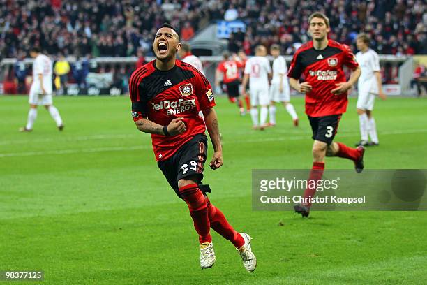 Arturo Vidal of Leverkusen celebrates his team's first goal during the Bundesliga match between Bayer Leverkusen and FC Bayern Muenchen at the...
