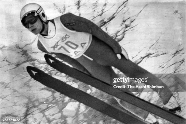 Terumi Hashimoto competes in the Ski Jumping of the 65th All Japan Nordic Skiing Championships at Arashiyama Ski Resort Jump Stadium on February 5,...