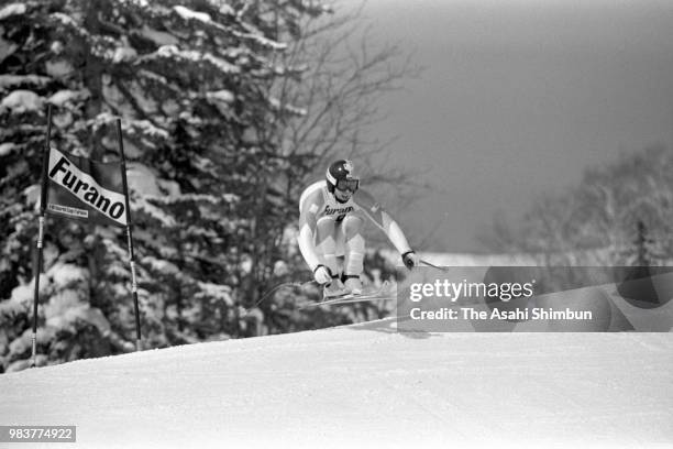 Marc Girardelli of Luxembourg competes in the Men's Super-G during the Alpine Skiing World Cup at Furano Ski Resort on March 1, 1987 in Furano,...