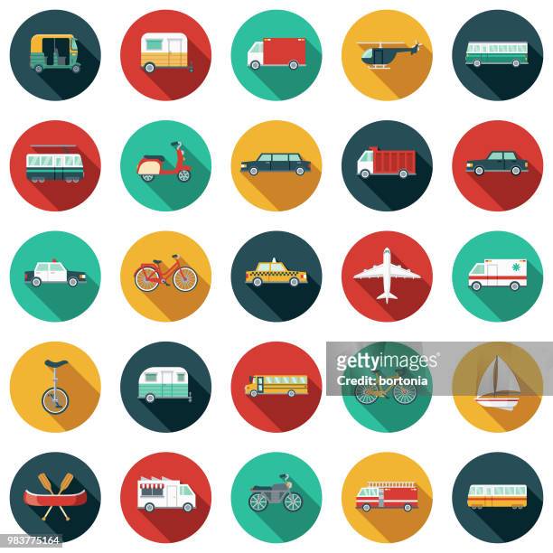 illustrazioni stock, clip art, cartoni animati e icone di tendenza di set di icone di design piatto di trasporto - mezzo di trasporto