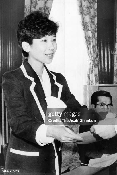 Newly elected Gifu Prefecture Assembly member Seiko Noda receives the certificate on April 14, 1987 in Gifu, Japan.