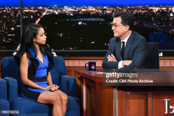 The Late Show with Stephen Colbert and guest Liza Koshy during Wednesday's June 20, 2018 show.