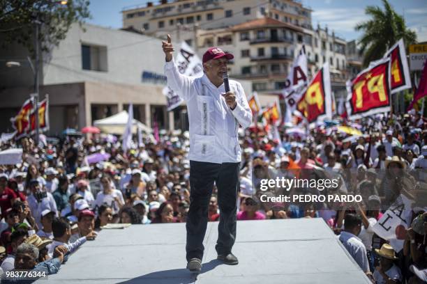 Mexico's presidential candidate for the MORENA party, Andres Manuel Lopez Obrador, delivers a speech during a campaign rally in Acapulco, Guerrero...