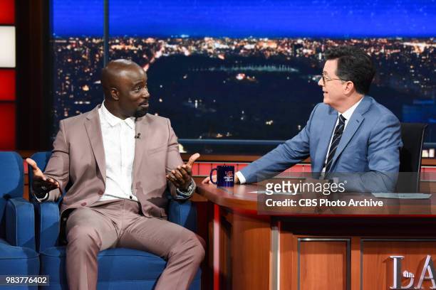 The Late Show with Stephen Colbert and guest Mike Colter during Thursday's June 21, 2018 show.