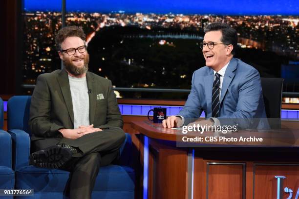 The Late Show with Stephen Colbert and guest Seth Rogen during Friday's June 22, 2018 show.
