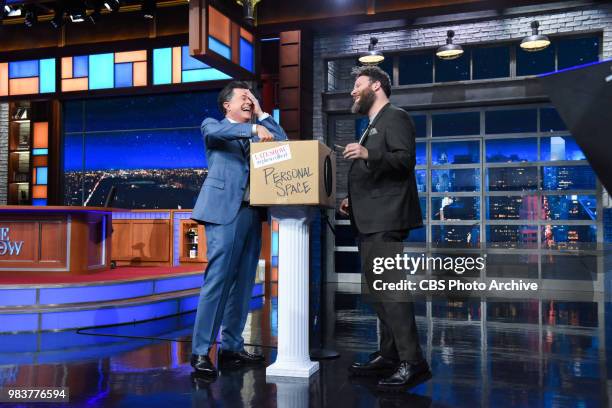 The Late Show with Stephen Colbert and guest Seth Rogen during Friday's June 22, 2018 show.