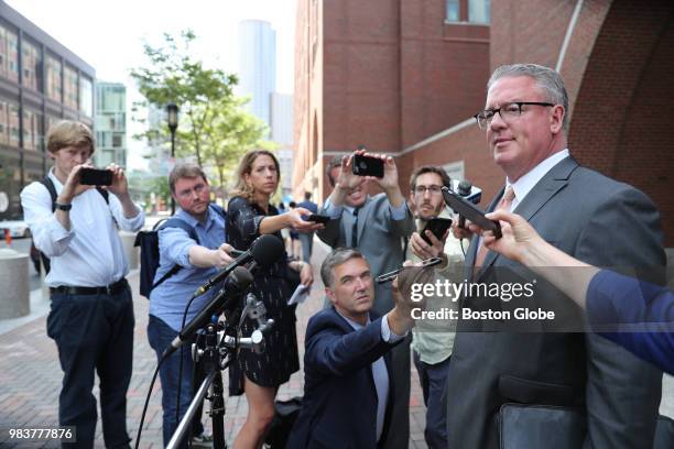 Steven Boozang, the attorney for Francis P. "Cadillac Frank" Salemme, answers questions from the media in front of the John Joseph Moakley United...