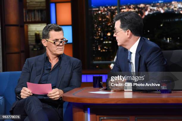 The Late Show with Stephen Colbert and guest Josh Brolin during Tuesday's June 19, 2018 show.