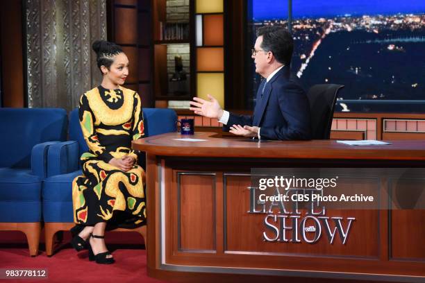 The Late Show with Stephen Colbert and guest Ruth Negga during Tuesday's June 19, 2018 show.
