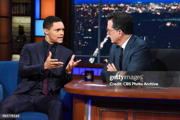 The Late Show with Stephen Colbert and guest Trevor Noah during Wednesday's June 20, 2018 show.