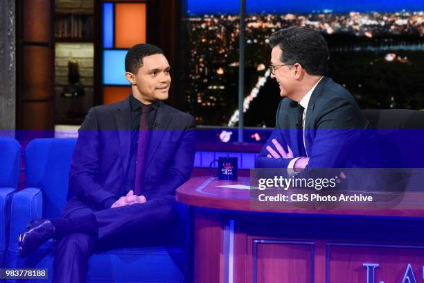 The Late Show with Stephen Colbert and guest Trevor Noah during Wednesday's June 20, 2018 show.