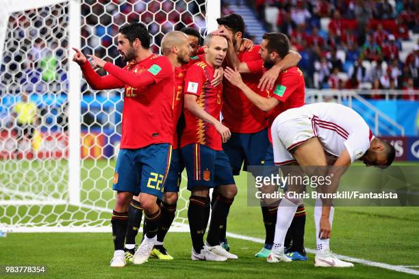 Isco of Spain celebrates after scoring his sides first goal during the 2018 FIFA World Cup Russia group B match between Spain and Morocco at...