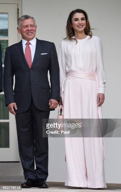 King Abdullah II and Queen Rania of Jordan on their arrival at the South Portico of the White House on June 25, 2018 in Washington, DC.
